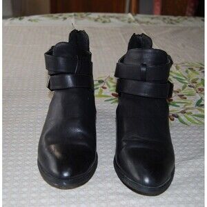 MIA Nadiya Women's 7 1/2m  Black Buckles Open, Block Heel Ankle Boots